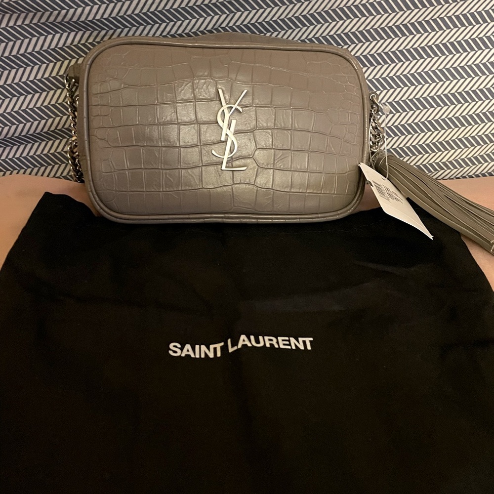 Saint Laurent mini lou croc embossed calfskin- taupe